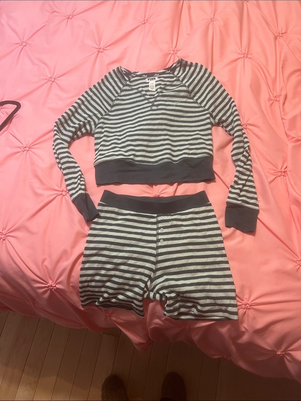 PINK Victoria's Secret Green and gold Striped Pajama Set